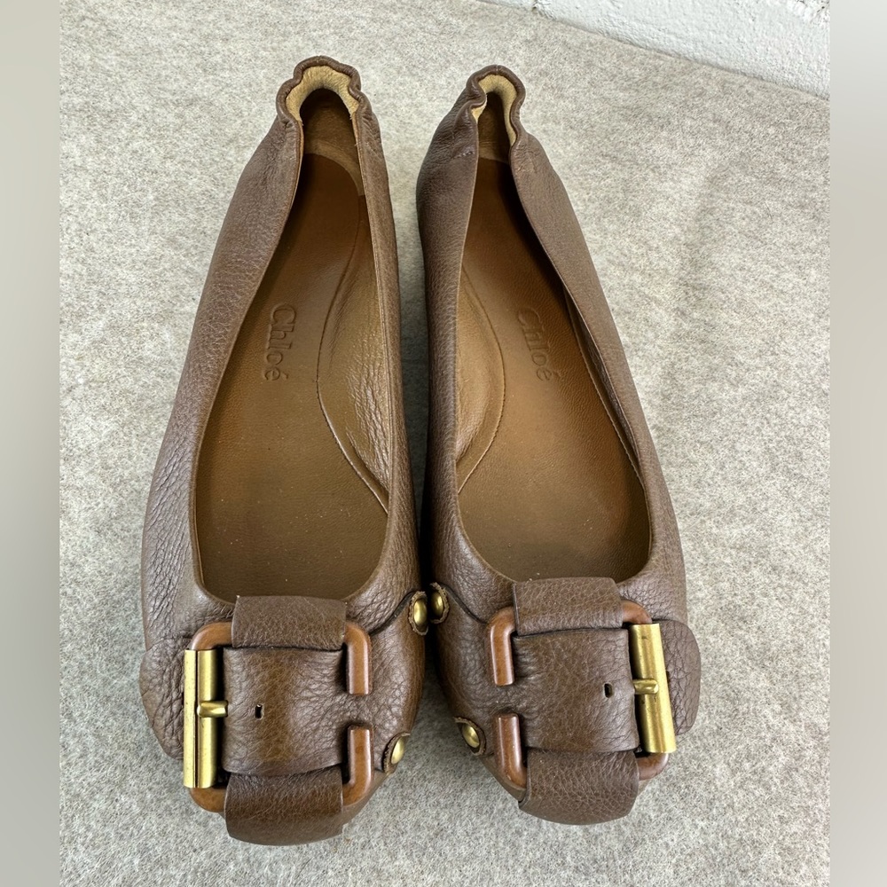 Chloe Brown Leather Flats with Buckle Detail